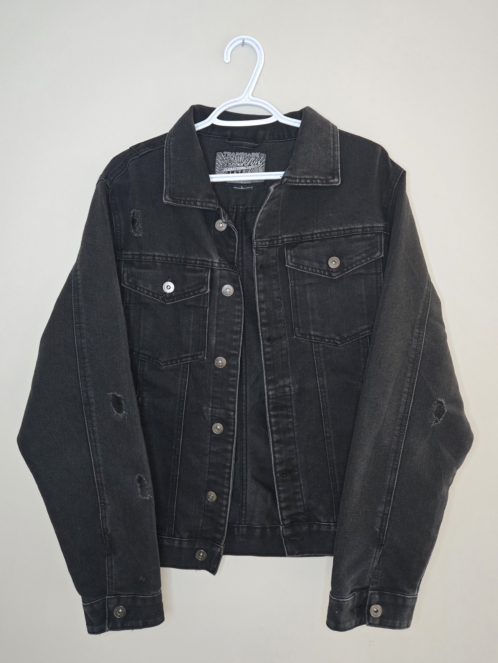 Brooklyn Cloth black distressed oversized denim jean jacket, large + like new